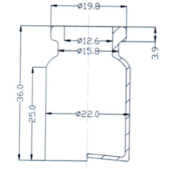 Picture of Sterile Empty Vial - 5 ml volume:  36 ± 0.5 mm height, 22 ± 0.2 mm body diameter. (Amber)