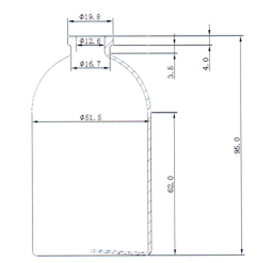 Picture of Sterile Empty Vial - 100 ml volume:  95 ± 1.0 mm height, 51.5 ± 0.6 mm body diameter (Clear)