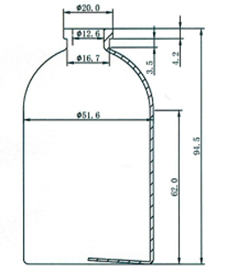 Picture of Sterile Empty Vial - 100 ml volume:  95 ± 1.0 mm height, 51.5 ± 0.6 mm body diameter (Amber)