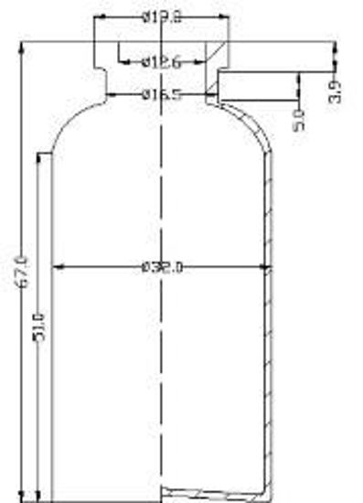 Picture of Sterile Water-Filled Vial - 30 ml  volume (67 ± 0.5 mm height and 32 ± 0.3 mm body diameter)