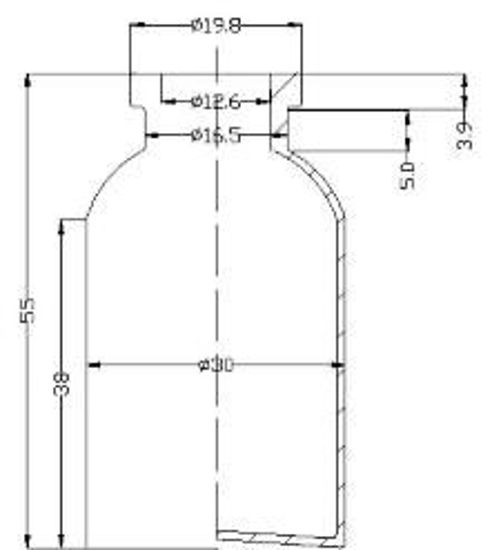 Picture of Sterile Saline-Filled Vial - 25 ml  volume (55 ± 0.5 mm height and 30 ± 0.3 mm body diameter)