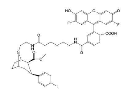 Picture of 2-(2,7-difluoro-3-hydroxy-6-oxo-6H-xanthen-9-yl)-4-((6-(2-((2S,3S)-3-(4-iodophenyl)-2-(methoxycarbonyl)-8-aza-bicyclo[3.2.1]octan-8-yl)ethylamino)-6-oxohexyl)carbamoyl) benzoic acid (2 mg)